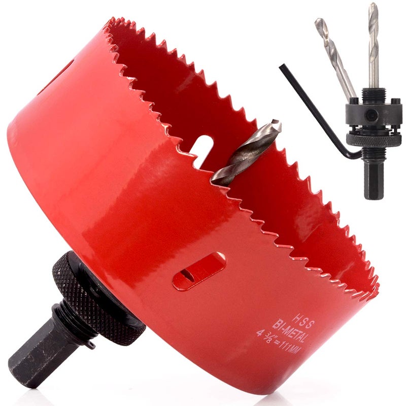 Koopi 4-3/8" Hole Saw with Heavy Duty Arbor, 38mm Depth Bi-Metal 1.5 inch Hole Cutter for Easily Drilling Wood, Plastic, Plywood, Drywall, Thin Metal (111mm) - Image 1